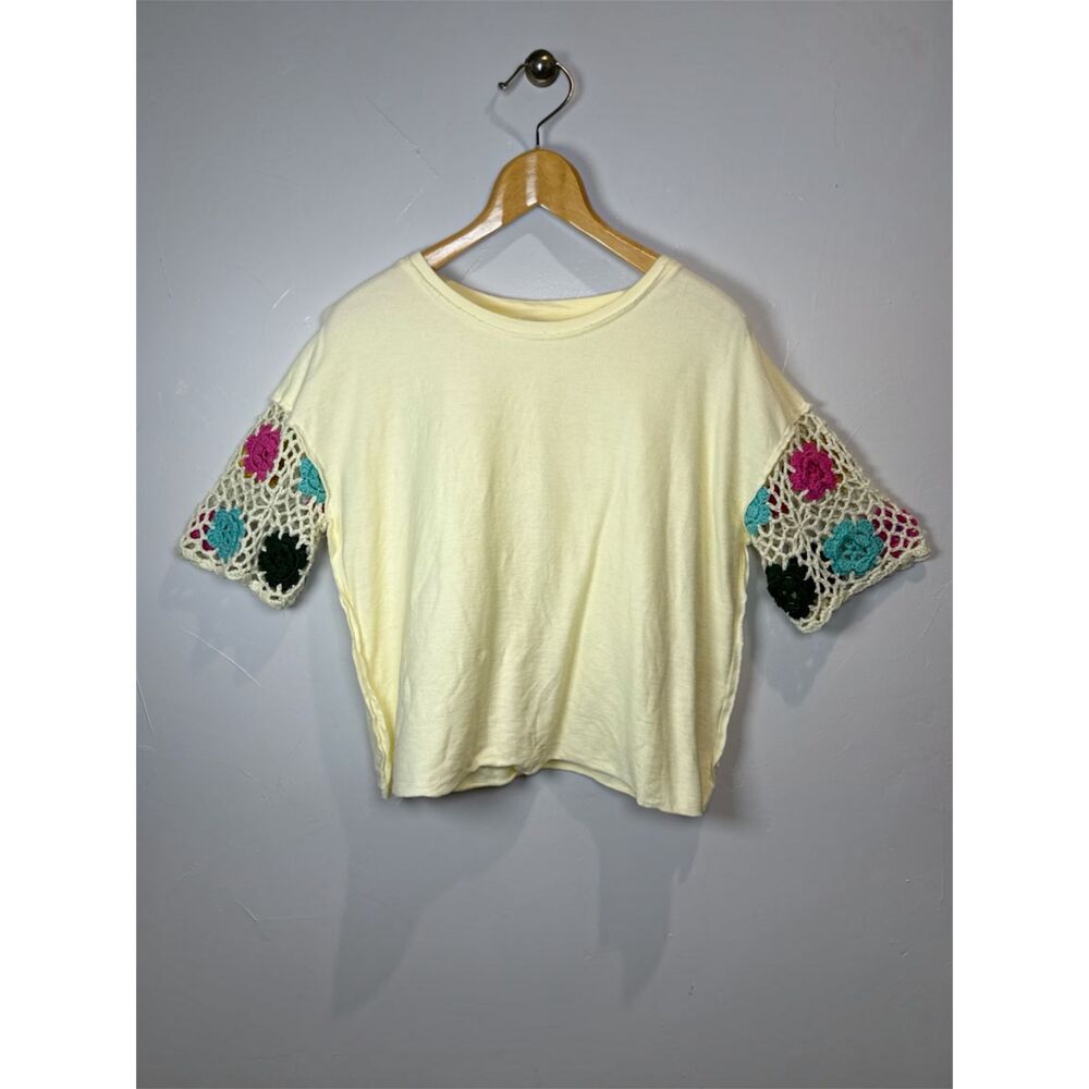 Umgee Yellow Top Size Small Floral Crochet Sleeves Cotton Boho Beach Festival